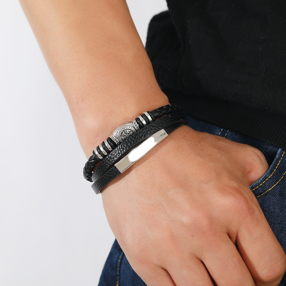 Cool Three Layered Leather Bracelet Bangle Jewelry for Men Gift