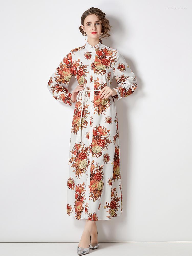 Casual Dresses Autumn Fashion Runway Flower Maxi Dress Women's Stand Collar Lantern Sleeve Single Breasted Loose Sashes Long Vestidos, White
Casual Dresses Autumn Fashion Runway Flower Maxi Dress Women's Stand Collar Lantern Sleeve Single Breasted Loose Sashes Long Vestidos, White