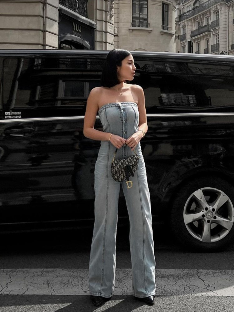 Womens Jumpsuits Rompers Off Shoulder Blue Denim Women Sexy Sleeveless Tube Top Button Vintage Summer High Waist Wide Leg Playsuits 230609