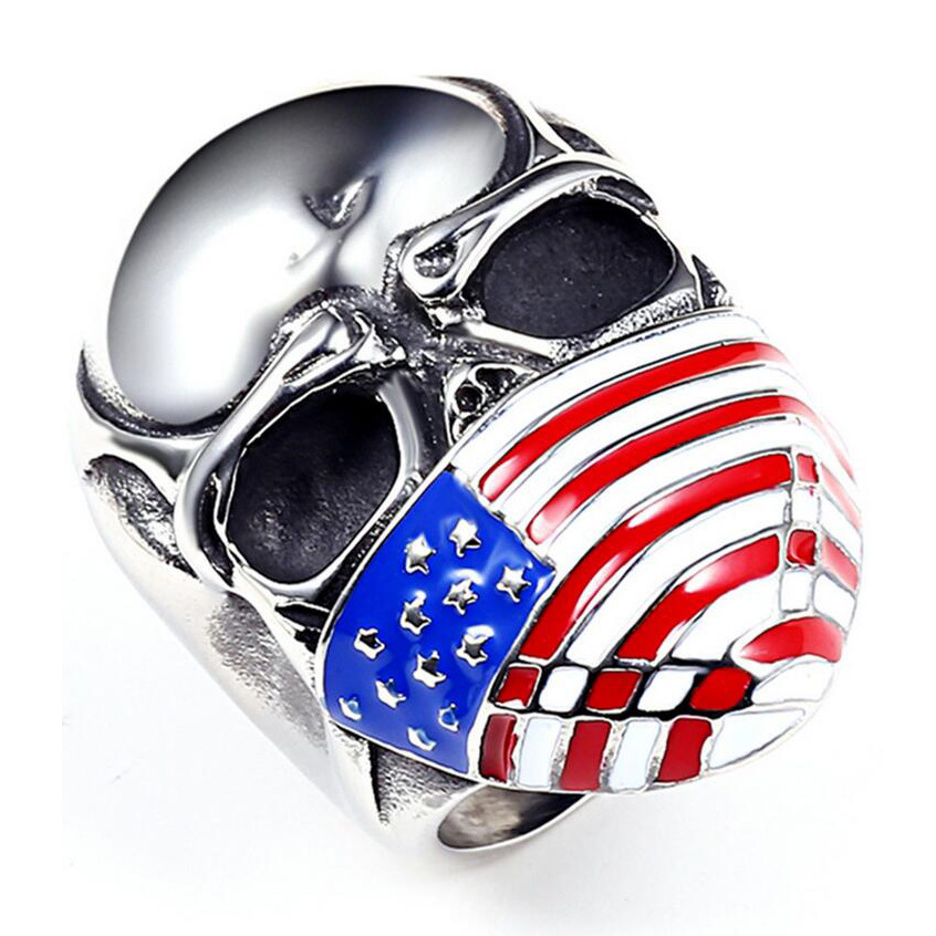 Hip Hop Retro Titanium Steel Skull Ring USA Star Flag Mask Punk Style Cool Oil Drop America Flag Men Women Ring Jewelry Top Quality
