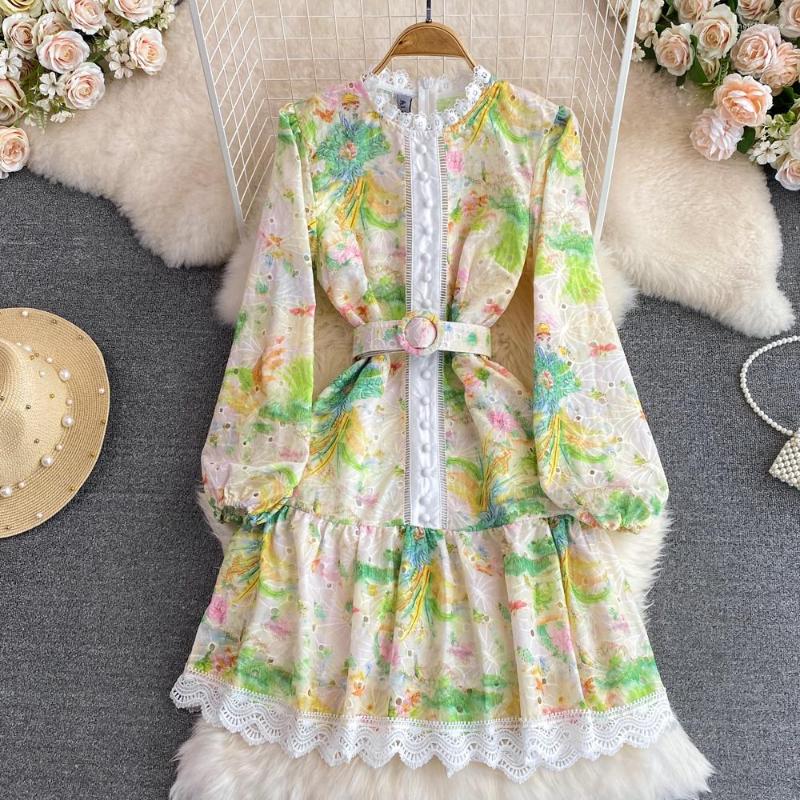 Casual Dresses Women Embroidery Hollow Out Stitching Flower Dress Runway Stand Collar Puff Sleeve Single Breasted Floral Print Belt Mini, Blue 
Casual Dresses Women Embroidery Hollow Out Stitching Flower Dress Runway Stand Collar Puff Sleeve Single Breasted Floral Print Belt Mini, Blue