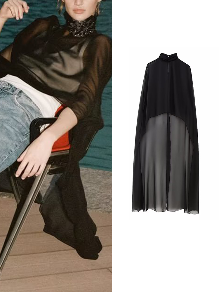 Two Piece Dress TRAF Fashion Women Asymmetric Tulle Cape Coats 2023 Summer Thin Solid Loose Tops Long Cloak Custom Shawls 230609