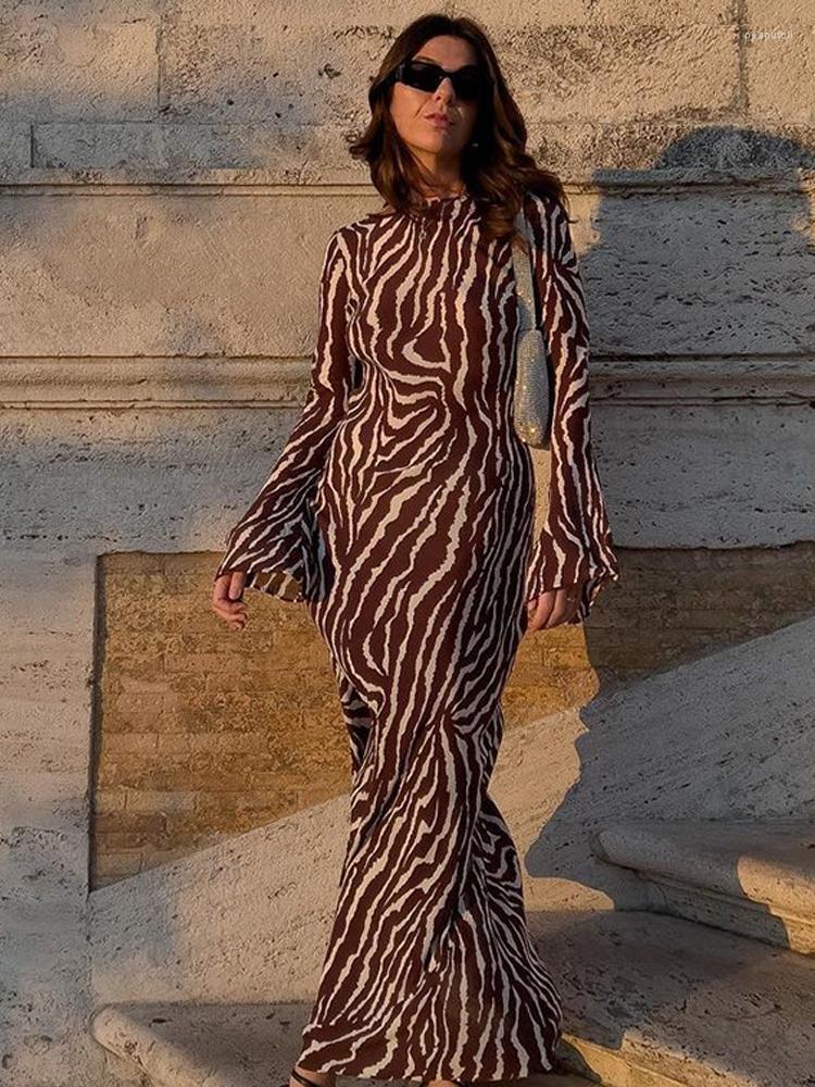 Casual Dresses Zebra Striped Print Maxi Dress Women Long Sleeve O-neck Spring Summer Elegant See Through Ladies 2023 Female