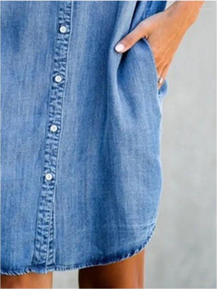 Casual Dresses Summer Women Knee Length Dress Fashion Turn Down Collar Short Sleeve Buttons Denim Shirt Woman Big Size Jean