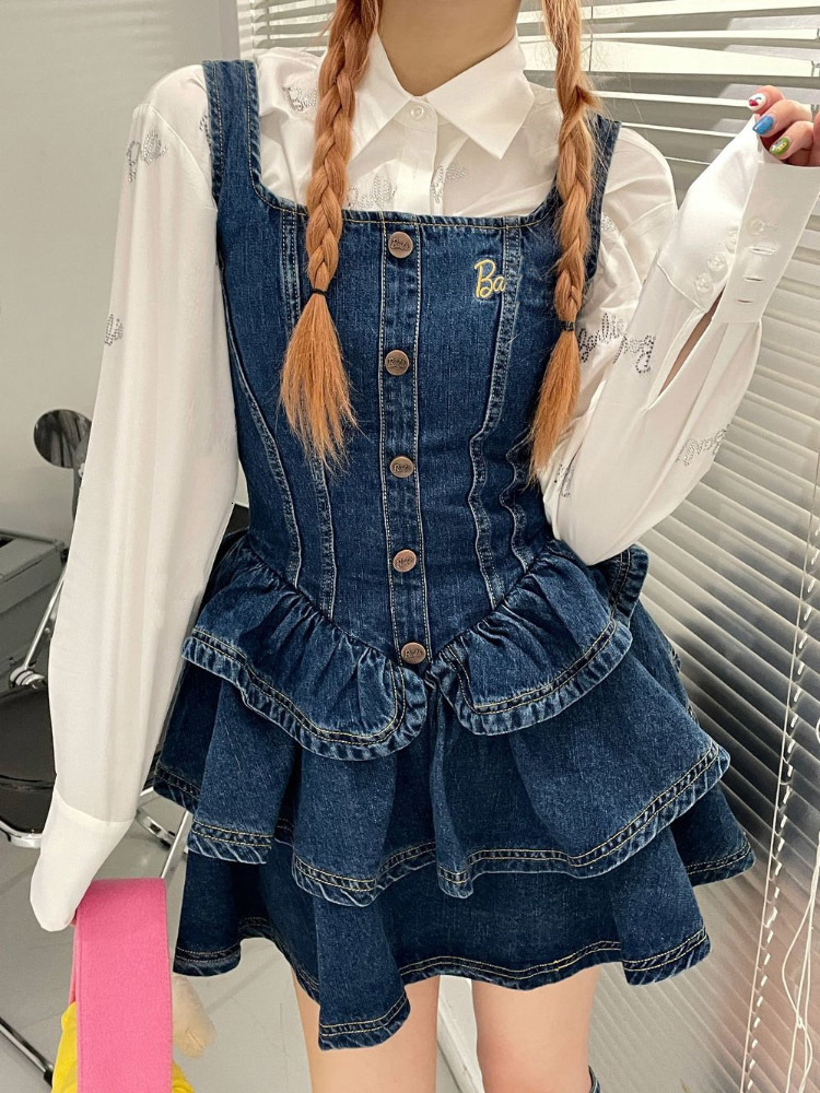 Basic Casual Dresses Preppy Style Kawaii Cake Ruffle Mini Dress Sets Patchwork Sweet Cute Slim Y2k E Girl Korean Fashion Women Vintage Denim Dresses 2