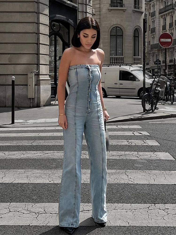 Womens Jumpsuits Rompers Women Tube Top Backless Denim Blue Sleeveless Single Breasted Wide Leg Jumpsuit Female Casual Streetwear Romper 230609