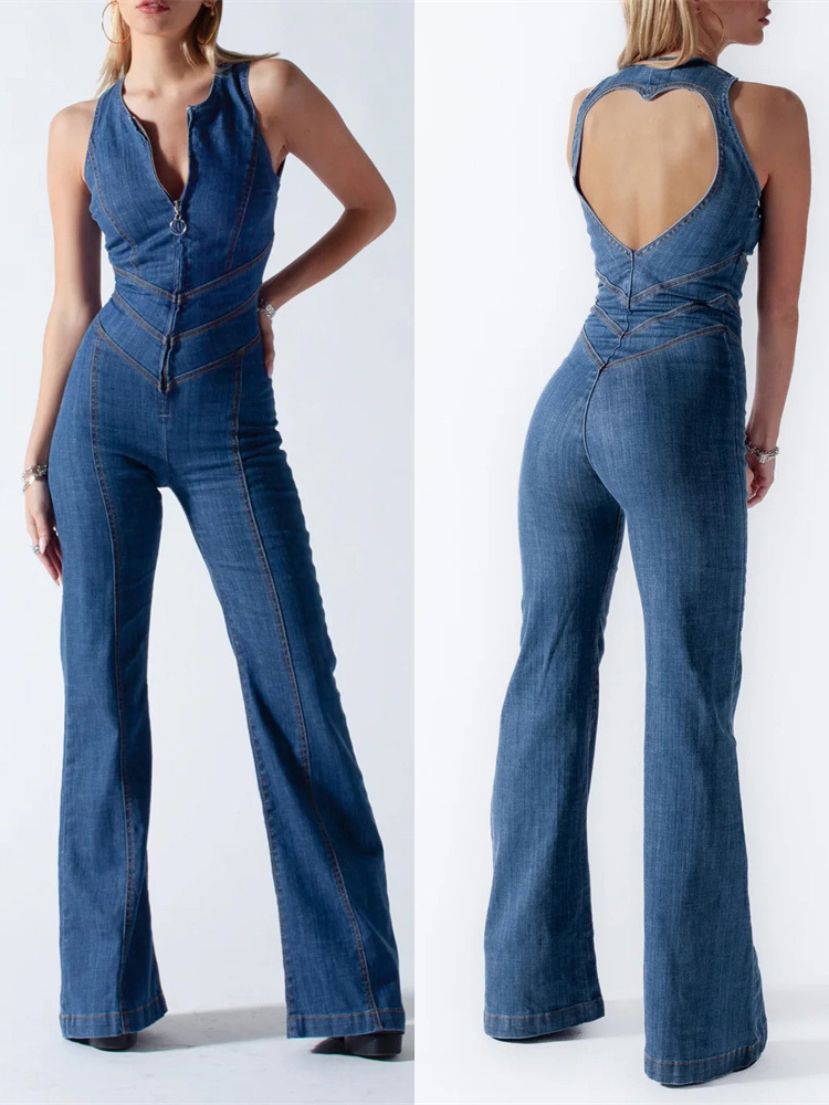 Womens Jumpsuits Rompers TARUXY Backless Heart Cutout Bodycon Jumpsuit For Women Casual Sleeveless Slim OnePiece Outfits Retro Denim 230609