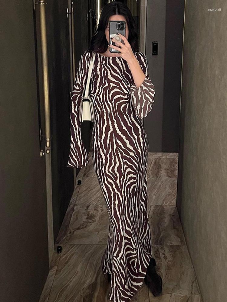 Casual Dresses Zebra Striped Print Maxi Dress Women Long Sleeve O-neck Spring Summer Elegant See Through Ladies 2023 Female