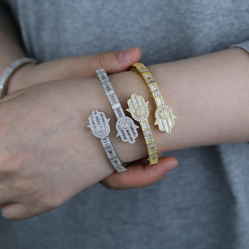 Iced Out Bling CZ Custom Opened Square Cubic Zircon Paved Hamsa Hand Charm Bracelet Bangle Hip Hop Sparking Jewelry
