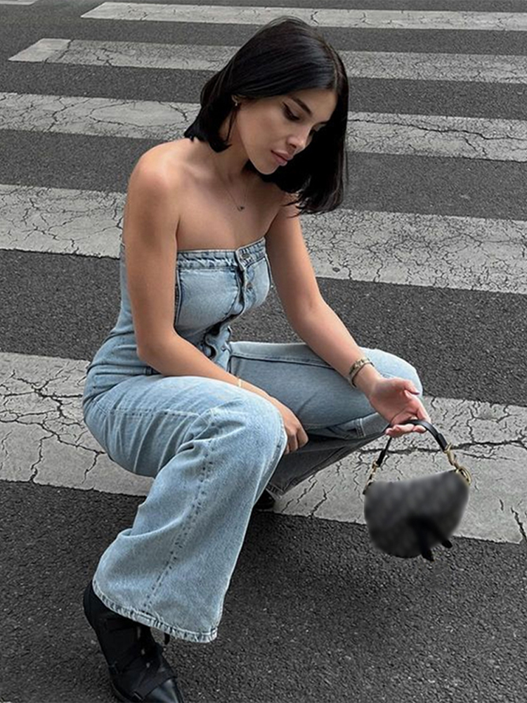 Womens Jumpsuits Rompers Women Tube Top Backless Denim Blue Sleeveless Single Breasted Wide Leg Jumpsuit Female Casual Streetwear Romper 230609