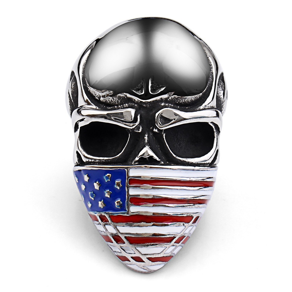 Hip Hop Retro Titanium Steel Skull Ring USA Star Flag Mask Punk Style Cool Oil Drop America Flag Men Women Ring Jewelry Top Quality