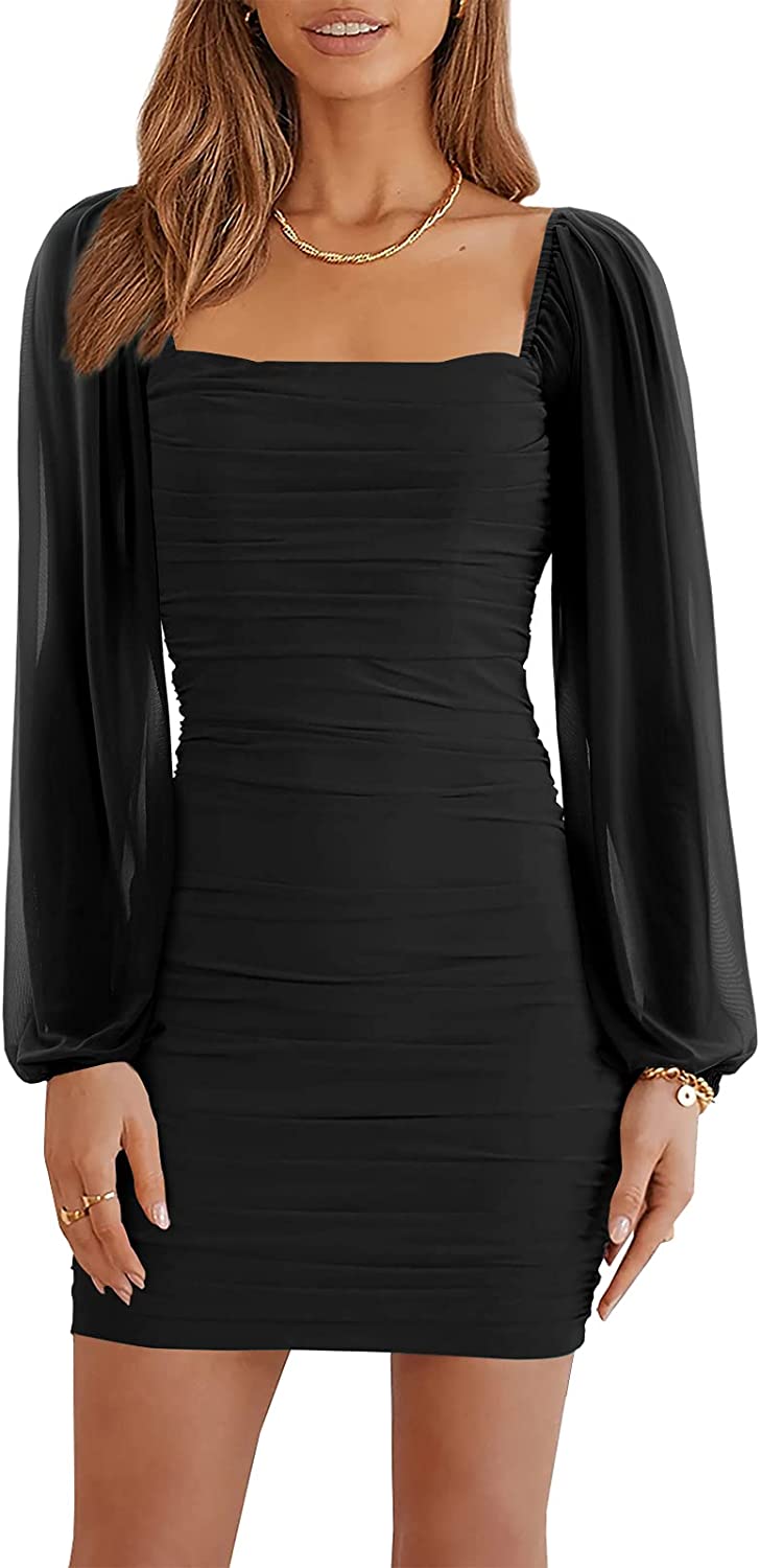 Womens Mesh Long Sleeve Square Neck Ruched Party Club Cocktail Bodycon Mini Dress, Black
Womens Mesh Long Sleeve Square Neck Ruched Party Club Cocktail Bodycon Mini Dress, Black