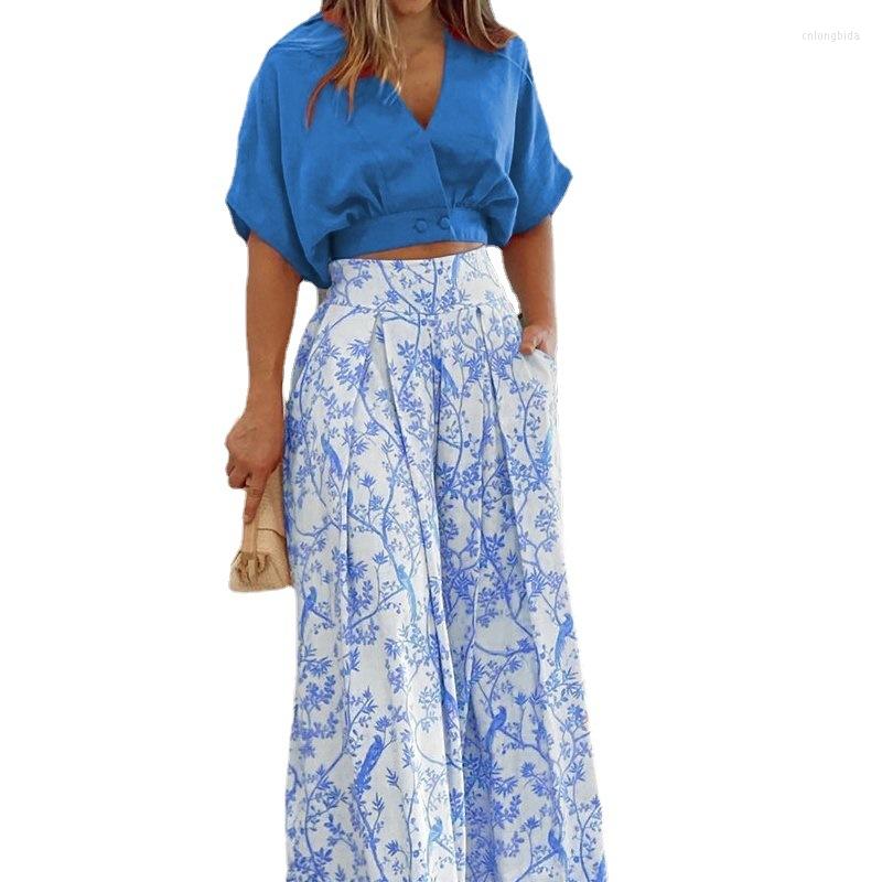 Womens Two Piece Pants 2023 Women 2 Set Summer Fashion Elegant Bat Sleeve Shirt And Floral Print Wide Leg Pant Casual Streetwear Female