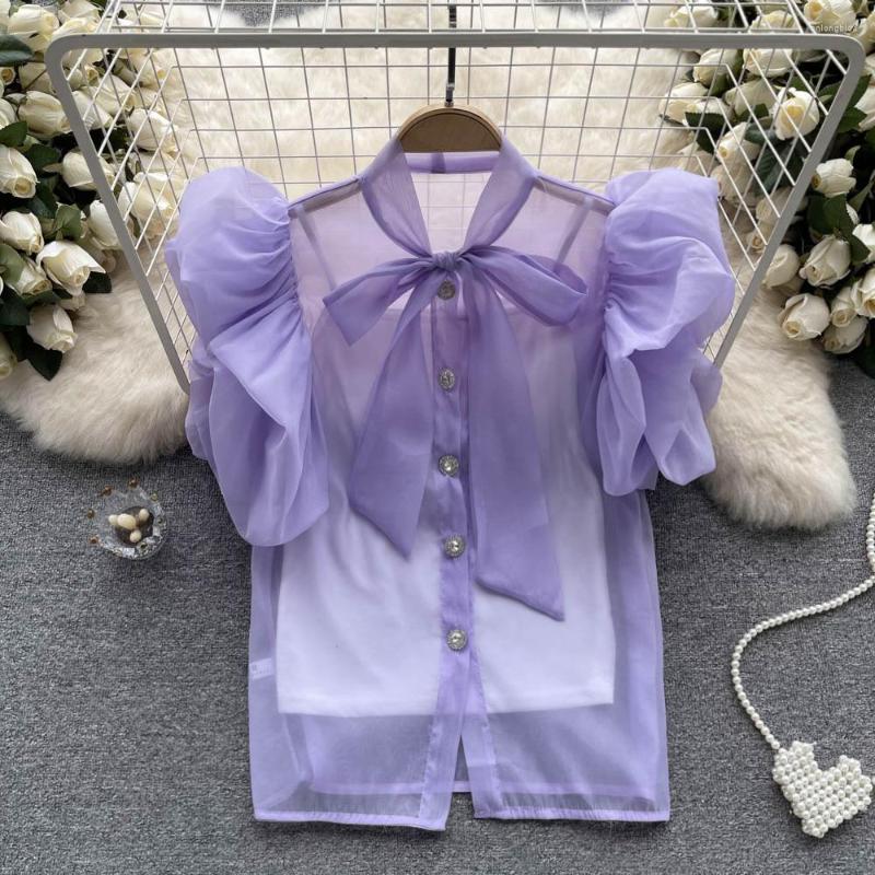 Women's Blouses Sweet Organza Perspective Short Bubble Sleeve Shirt Women Fashion Summer French Bow Chiffon Tops Blouse Clothes K336