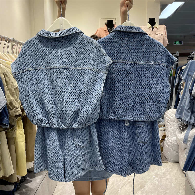 Womens Two Piece Pants Summer Twopiece suit Solid color Singlebreasted Short Denim Vest Elastic High Waist Shorts 2 Set 230608