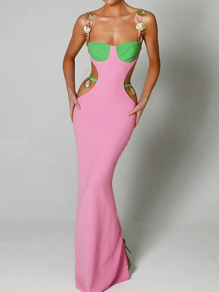 Basic Casual Dresses Sexy Shoulder Strap Beaded Contrasting Colors Low-cut Waistless Dress Summer Elegant Sleeveless Maxi Dresses A2166 230608