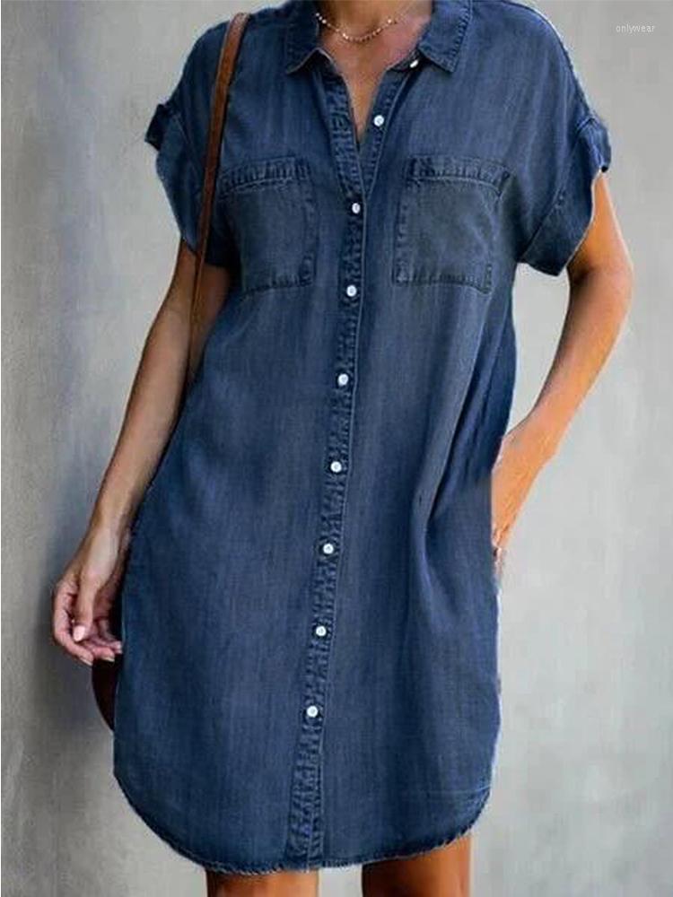 Casual Dresses Summer Women Knee Length Dress Fashion Turn Down Collar Short Sleeve Buttons Denim Shirt Woman Big Size Jean