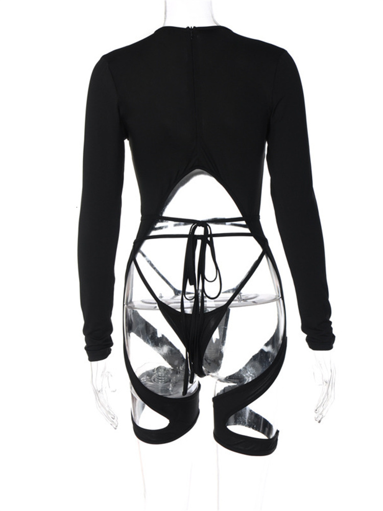 Womens Jumpsuits Rompers CHRONSTYLE Women Black Hollow Out Bodysuits Irregular Cutout Long Sleeve Sleepwear with Bandage Thongs Nightwear Playsuits 23