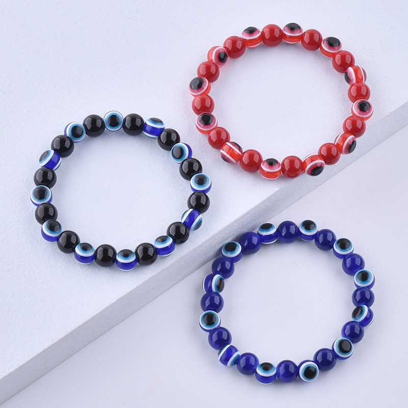 Colorful Turkish Evil Eye Bracelets 8mm Red Blue Eyes Beads Handmade Elasticity Bracelet for Men Women Yoga Reiki Jewelry