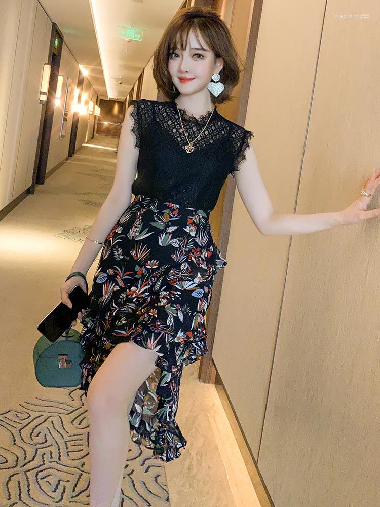Work Dresses Top Quality Cut Out Lace Shirt With Sling Three Piece Printed Ruffle Skirt Summer Suit, Black
Work Dresses Top Quality Cut Out Lace Shirt With Sling Three Piece Printed Ruffle Skirt Summer Suit, Black