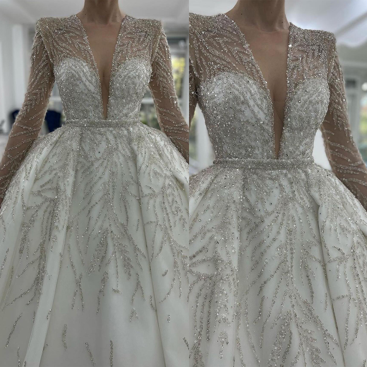 Luxury Ball Gown Wedding Dresses V-neck Shining Applicants Sequins Long Sleeves Backless Court Gown Custom Made Plus Size Bridal Gown Vestidos De Novi
