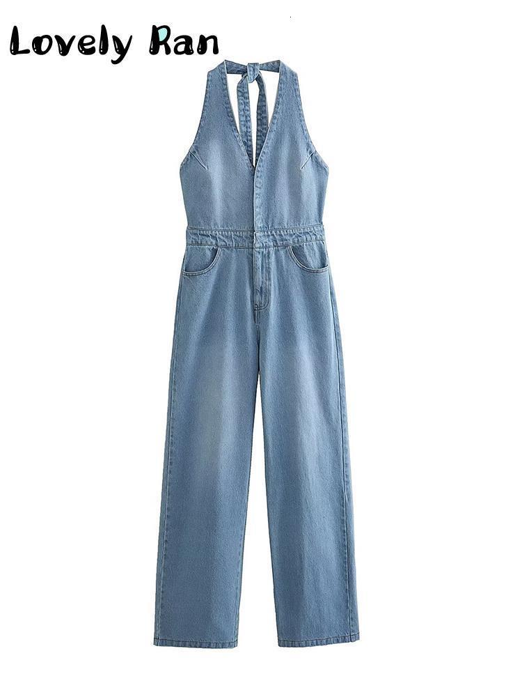 Womens Jumpsuits Rompers Fashion Sleeveless Denim Jumpsuit Women Summer Y2K Halter Backless Long Female Sexy Vneck Blue Straight Overalls 230609