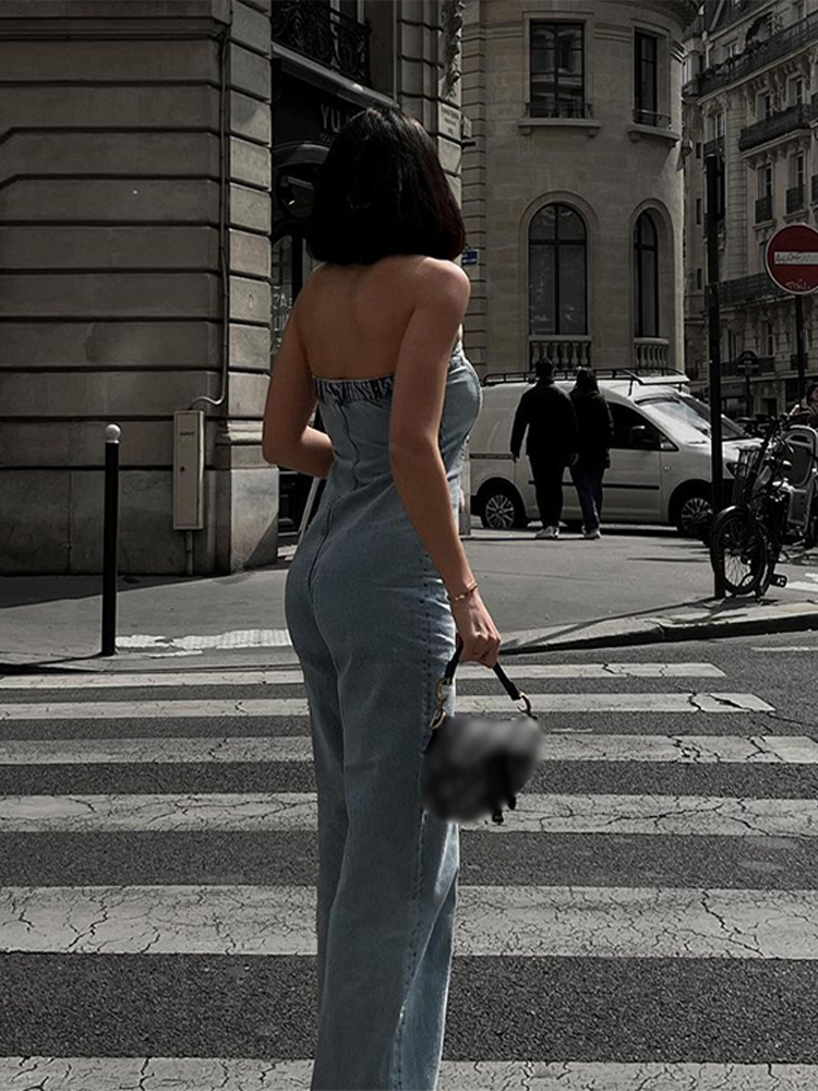 Womens Jumpsuits Rompers Women Tube Top Backless Denim Blue Sleeveless Single Breasted Wide Leg Jumpsuit Female Casual Streetwear Romper 230609