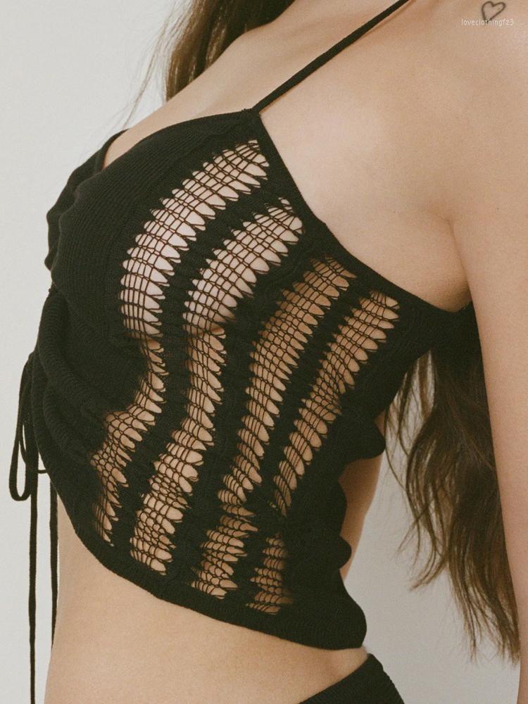 

Women' Tanks Fantoye Knit Sexy Hollow Out Women Camis Top Black Spaghetti Strap See Through Female Summer Spicy Girl Streetwear