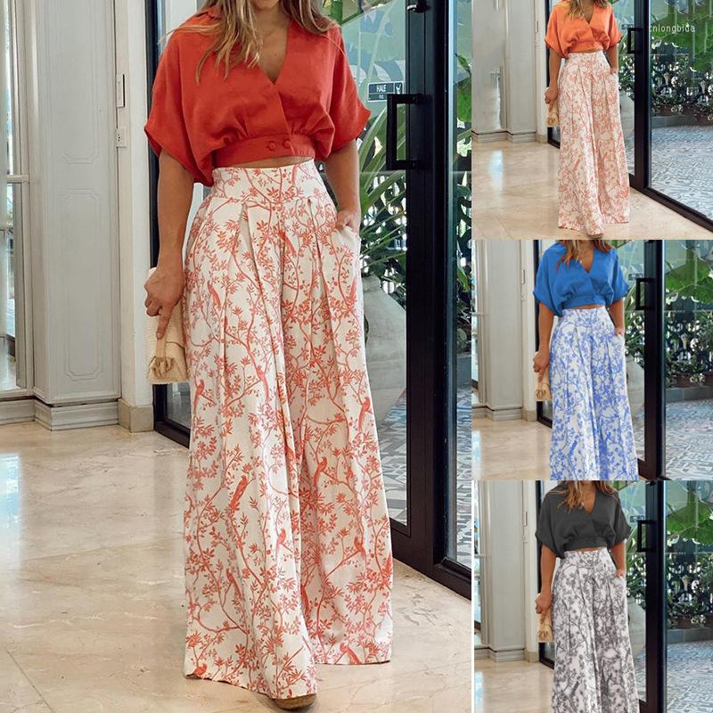 CNLONGBIDA Women's Two Piece Pants Women 2 Set Summer Fashion Elegant Bat Sleeve Shirt And Floral Print Wide Leg Pant Casual Streetwear Female