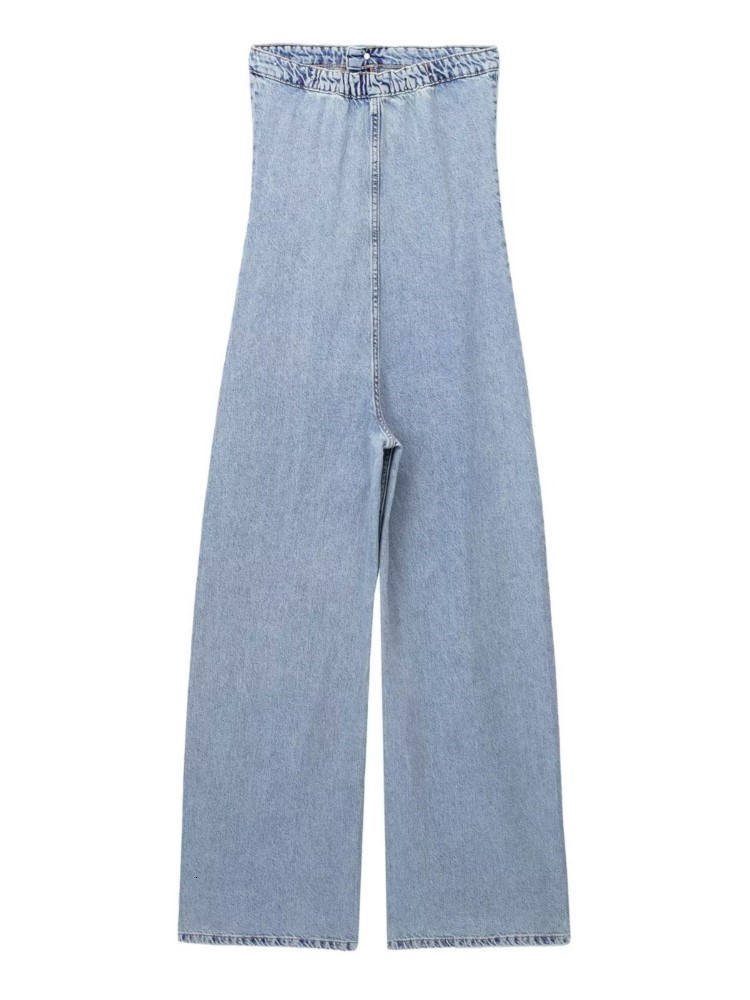 Womens Jumpsuits Rompers Off Shoulder Blue Denim Women Sexy Sleeveless Tube Top Button Vintage Summer High Waist Wide Leg Playsuits 230609