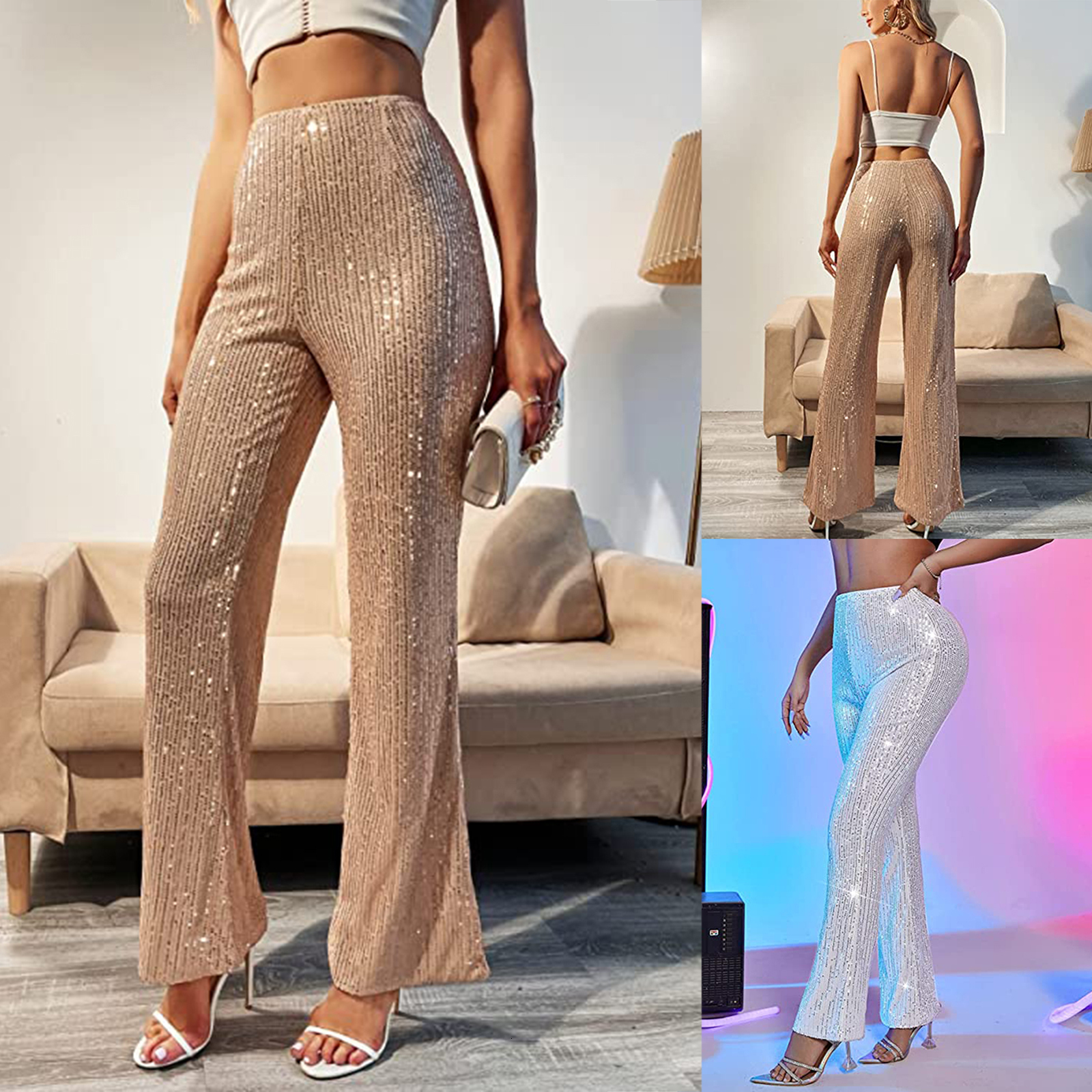 Womens Pants Capris Fashion Female Elastic High Waist Sequined Flared Casual Solid Color Slim Fit Shiny Stretch Long Trousers 230609