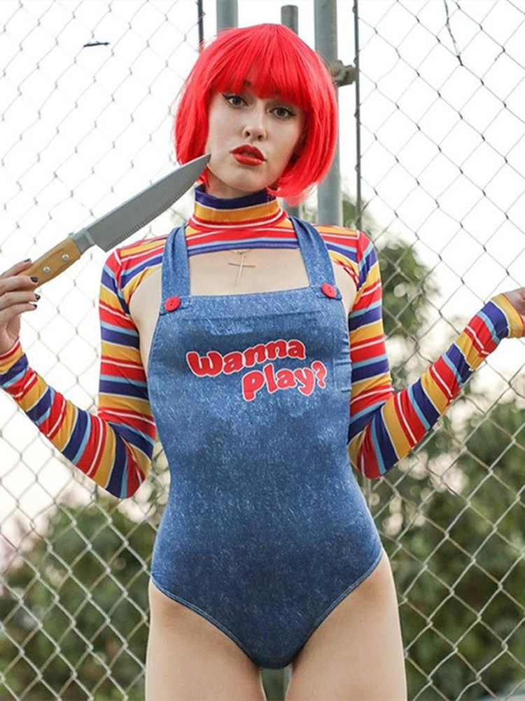 Women's Two Piece Pants hirigin Halloween Costumes for Women Scary Nightmare Killer Doll Wanna Play Movie Character Bodysuit Chucky Costume Set 2