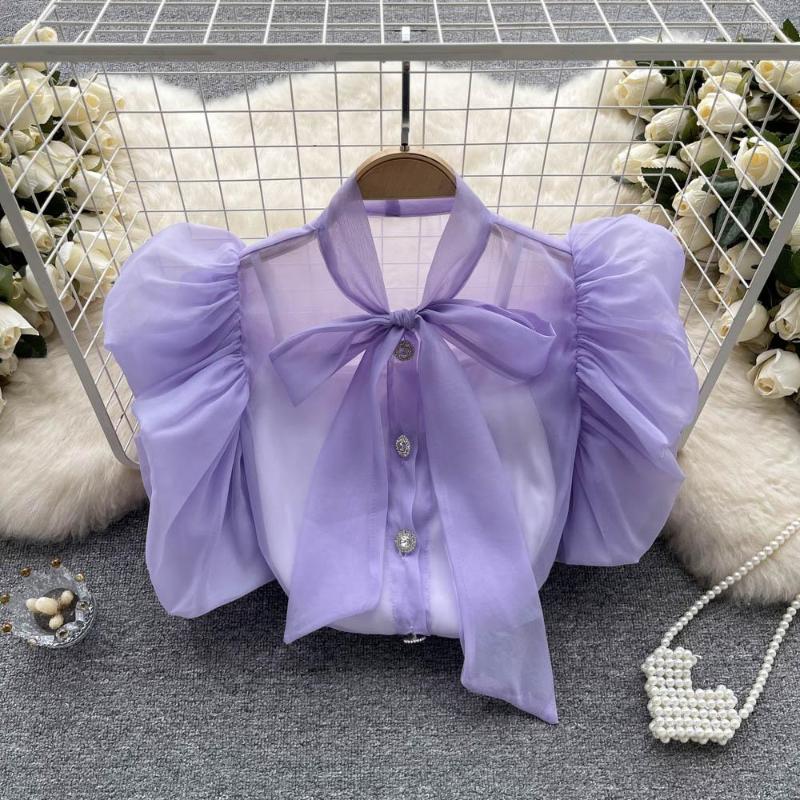 Women's Blouses Sweet Organza Perspective Short Bubble Sleeve Shirt Women Fashion Summer French Bow Chiffon Tops Blouse Clothes K336