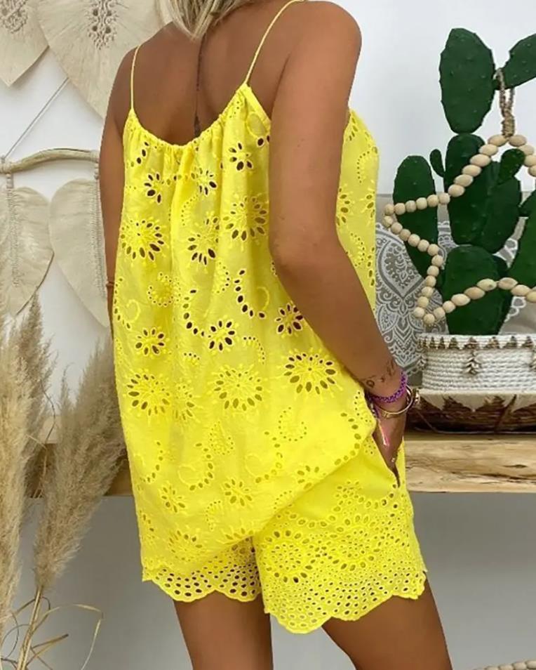Womens Two Piece Pants Sets Women Outifits Casual VNeck Sleeveless Camis Eyelet Embroidery Tassel Top Shorts Set Fashion Suit 230608