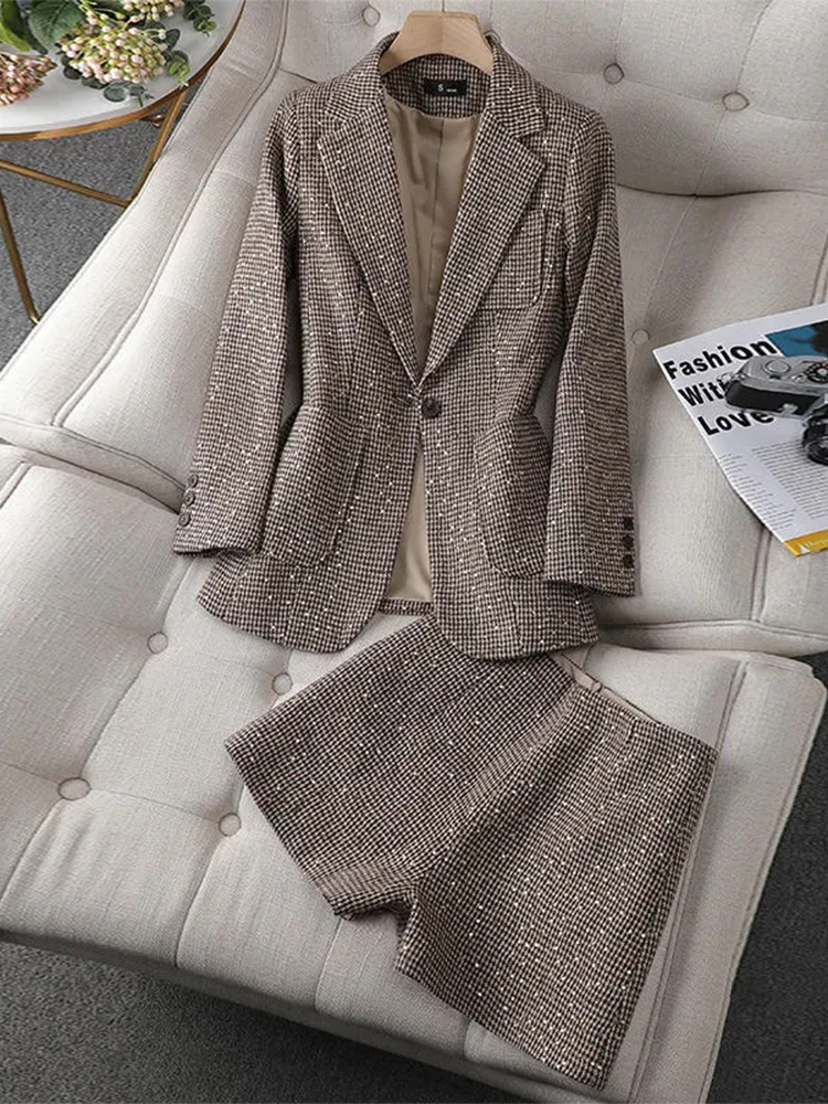 Womens Two Piece Pants Women Lattice Vintage Blazers Shorts Twopiece Suit Spring Autumn High Waist Mini Casual Set for 230608