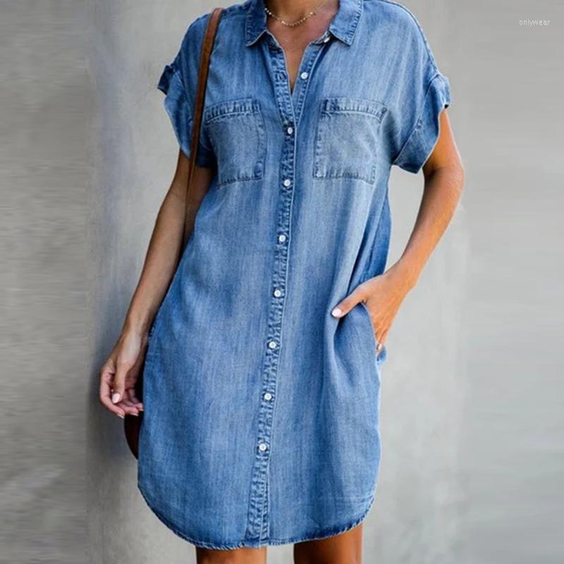 Casual Dresses Summer Women Knee Length Dress Fashion Turn Down Collar Short Sleeve Buttons Denim Shirt Woman Big Size Jean