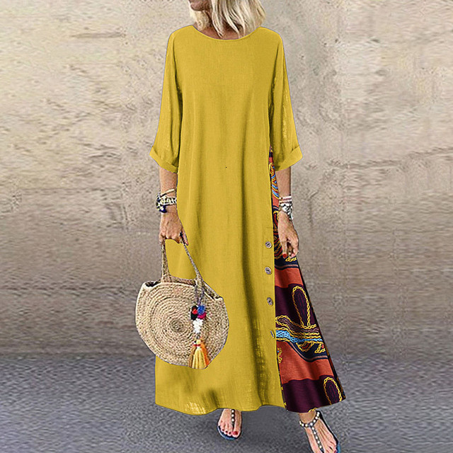 Basic Casual Dresses Women Vintage Maxi Dress Summer Solid O Neck Stitching Printed 34 Sleeve Side Buttons Dresses Loose Casual Long Dress Plus Size 2
