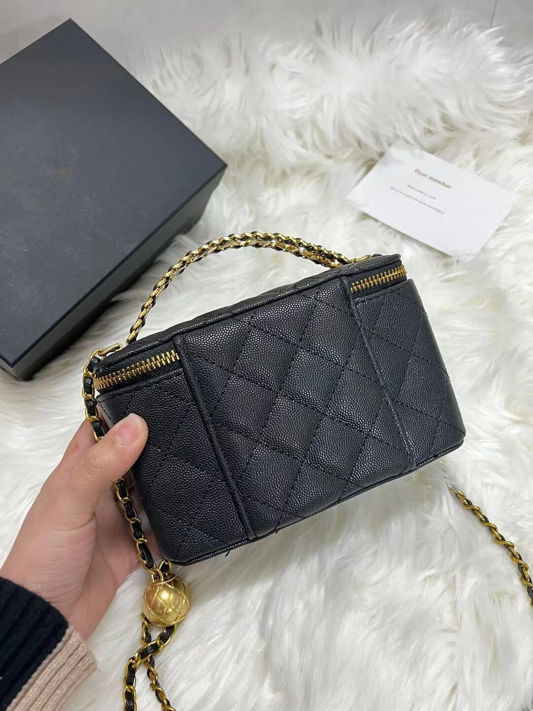 2023 New style Golden Globe Long Box Caviar Makeup Bag Metal Handle Oblique Straddle Portable Fashion Shoulder Bag Chain Bag match gift box and paper card