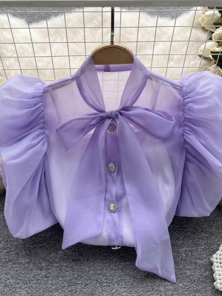 Women's Blouses Sweet Organza Perspective Short Bubble Sleeve Shirt Women Fashion Summer French Bow Chiffon Tops Blouse Clothes K336