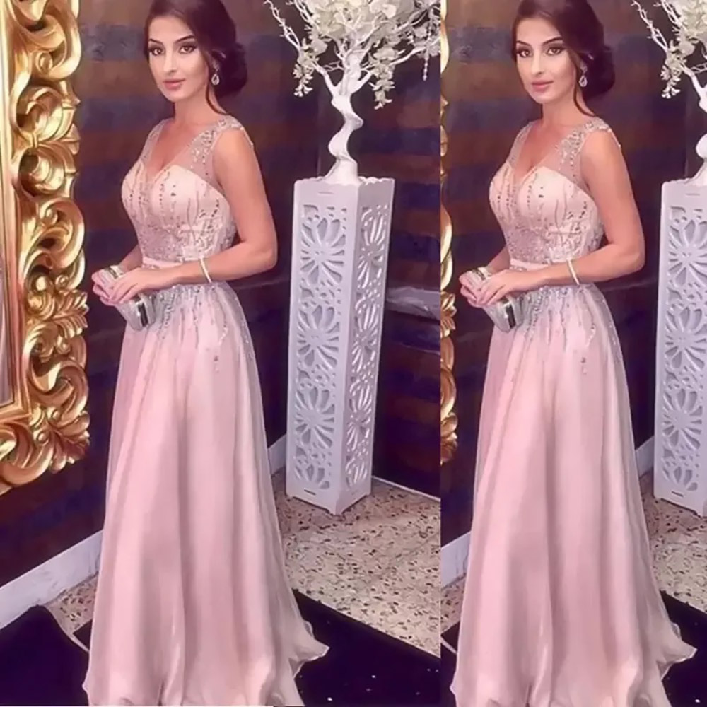 Pink Prom Dresses Designer V Neck Straps Beaded Crystals Floor Length Tulle Plus Size Custom Made Evening Graduation Party Gowns Vestidos