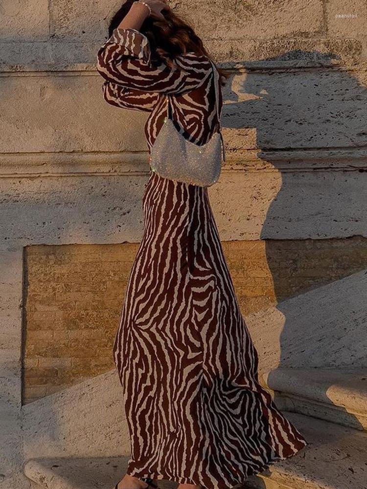 Casual Dresses Zebra Striped Print Maxi Dress Women Long Sleeve O-neck Spring Summer Elegant See Through Ladies 2023 Female