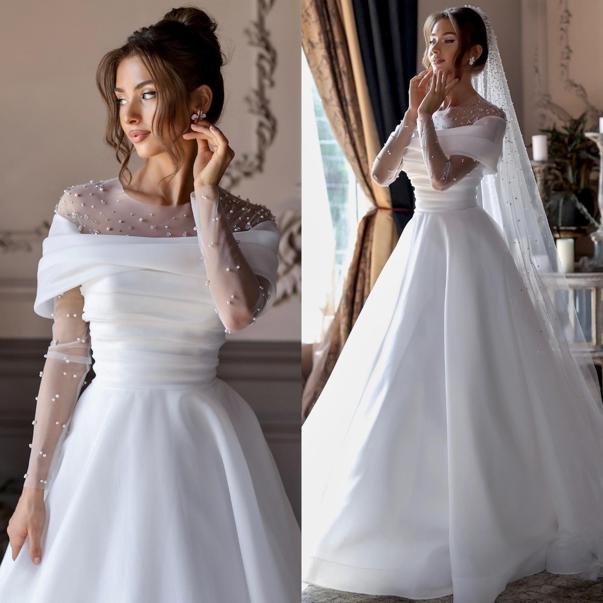 Elegant A e Wedding Dresses Illusion Neck Long Sleeves Pearls Beads Detail designer wedding bridal gowns