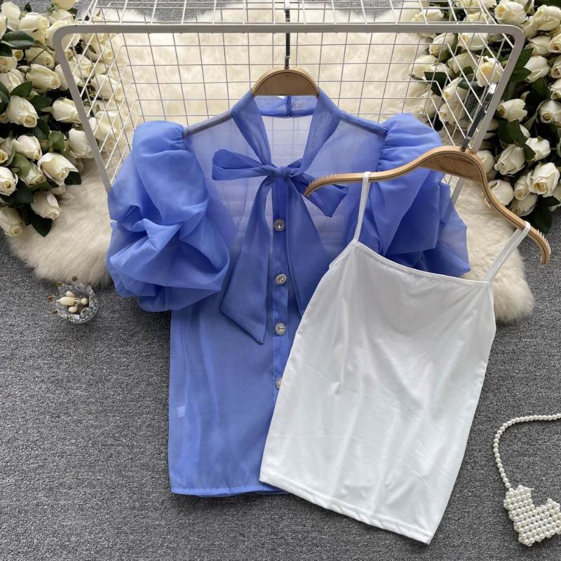 Women's Blouses Sweet Organza Perspective Short Bubble Sleeve Shirt Women Fashion Summer French Bow Chiffon Tops Blouse Clothes K336