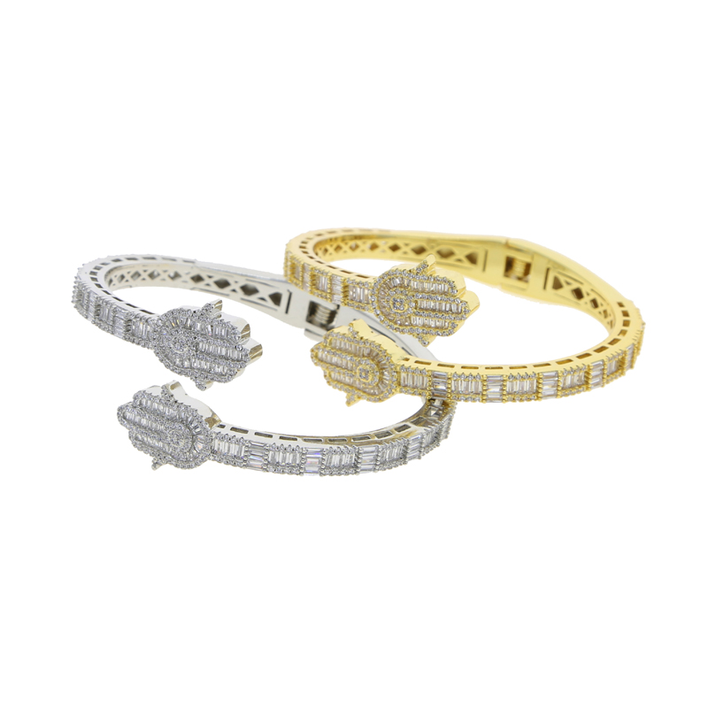 Iced Out Bling CZ Custom Opened Square Cubic Zircon Paved Hamsa Hand Charm Bracelet Bangle Hip Hop Sparking Jewelry