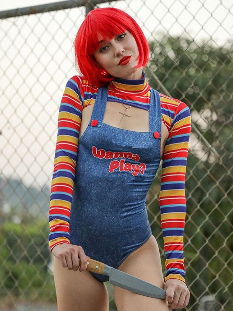 Women's Two Piece Pants hirigin Halloween Costumes for Women Scary Nightmare Killer Doll Wanna Play Movie Character Bodysuit Chucky Costume Set 2