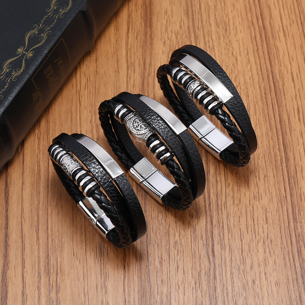 Cool Three Layered Leather Bracelet Bangle Jewelry for Men Gift