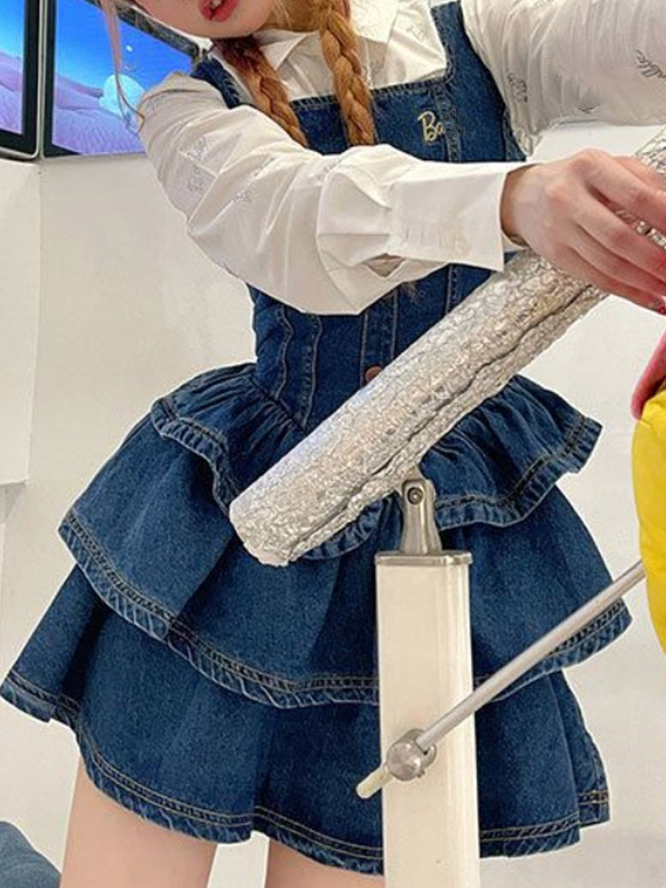 Basic Casual Dresses Preppy Style Kawaii Cake Ruffle Mini Dress Sets Patchwork Sweet Cute Slim Y2k E Girl Korean Fashion Women Vintage Denim Dresses 2