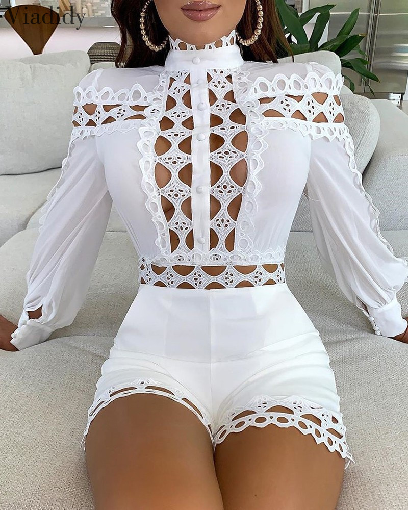 Women's Jumpsuits Lace Patchwork Long Sleeve Hollow Out Playsuits White Black Women Regular Rompers 230608