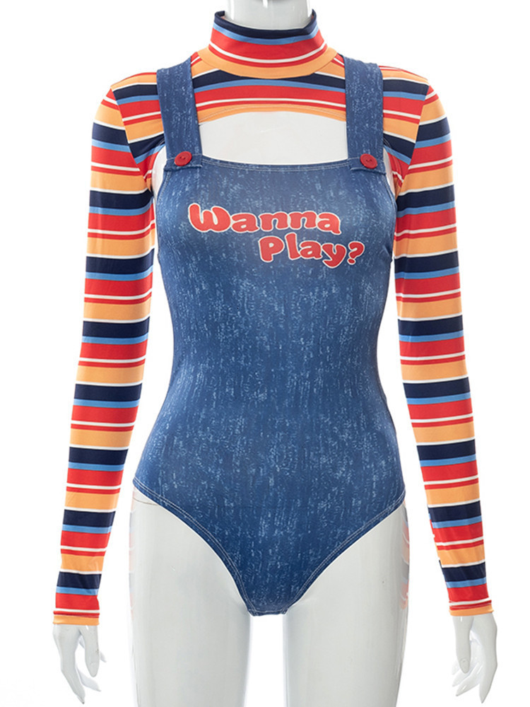 Women's Two Piece Pants hirigin Halloween Costumes for Women Scary Nightmare Killer Doll Wanna Play Movie Character Bodysuit Chucky Costume Set 2