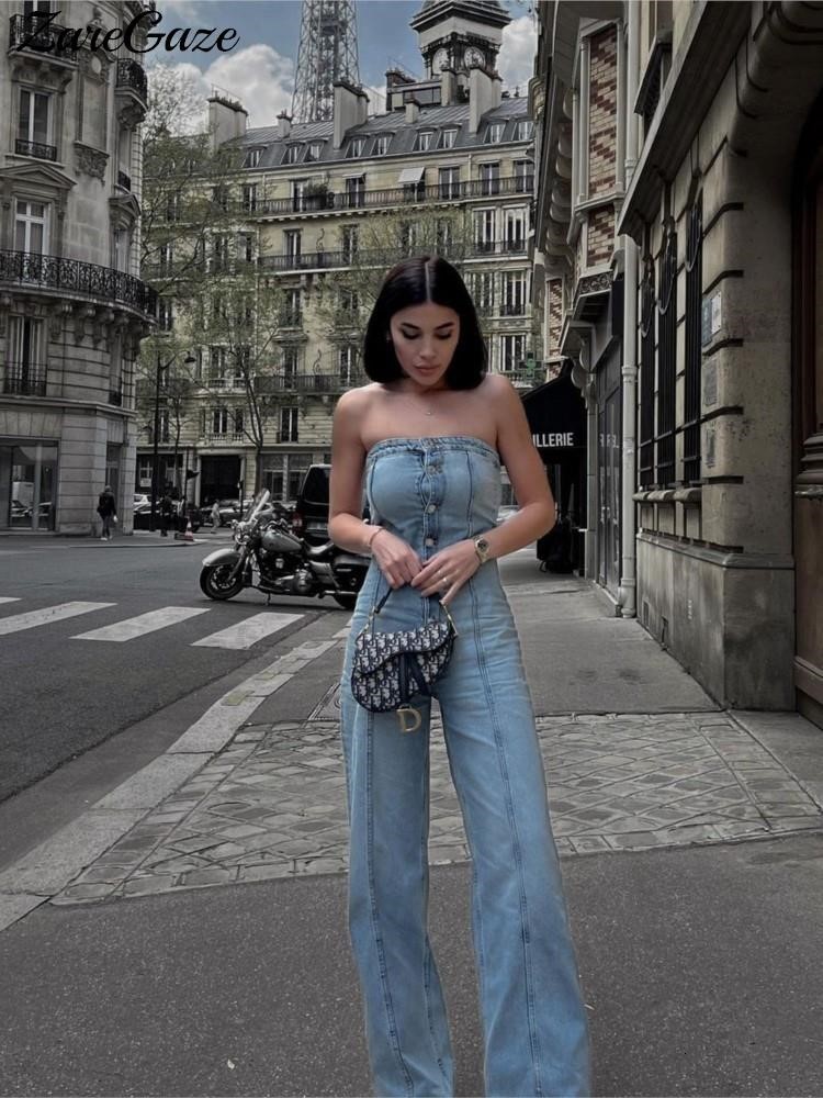 Womens Jumpsuits Rompers Off Shoulder Blue Denim Women Sexy Sleeveless Tube Top Button Vintage Summer High Waist Wide Leg Playsuits 230609